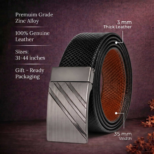 Mens 100% Genuine Leather Belt - ZENTRIX Woven Emboss Plate (Black & Brown Reversible)