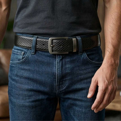 Mens 100% Genuine Leather Belt - ZORANO Diagonal Pinstripe (Black & Brown Reversible) — Leather Belts for Men | THE MEN THING