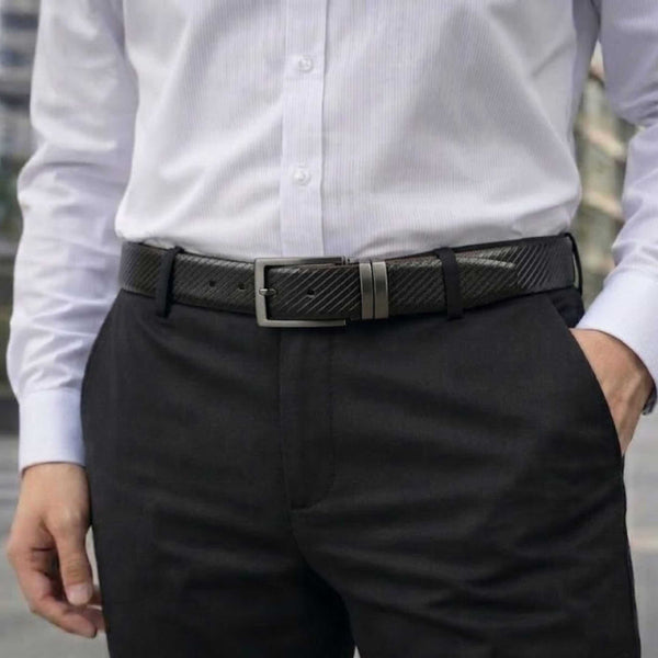 Mens 100% Genuine Leather Belt - ZORANO Diagonal Pinstripe (Black & Brown Reversible)