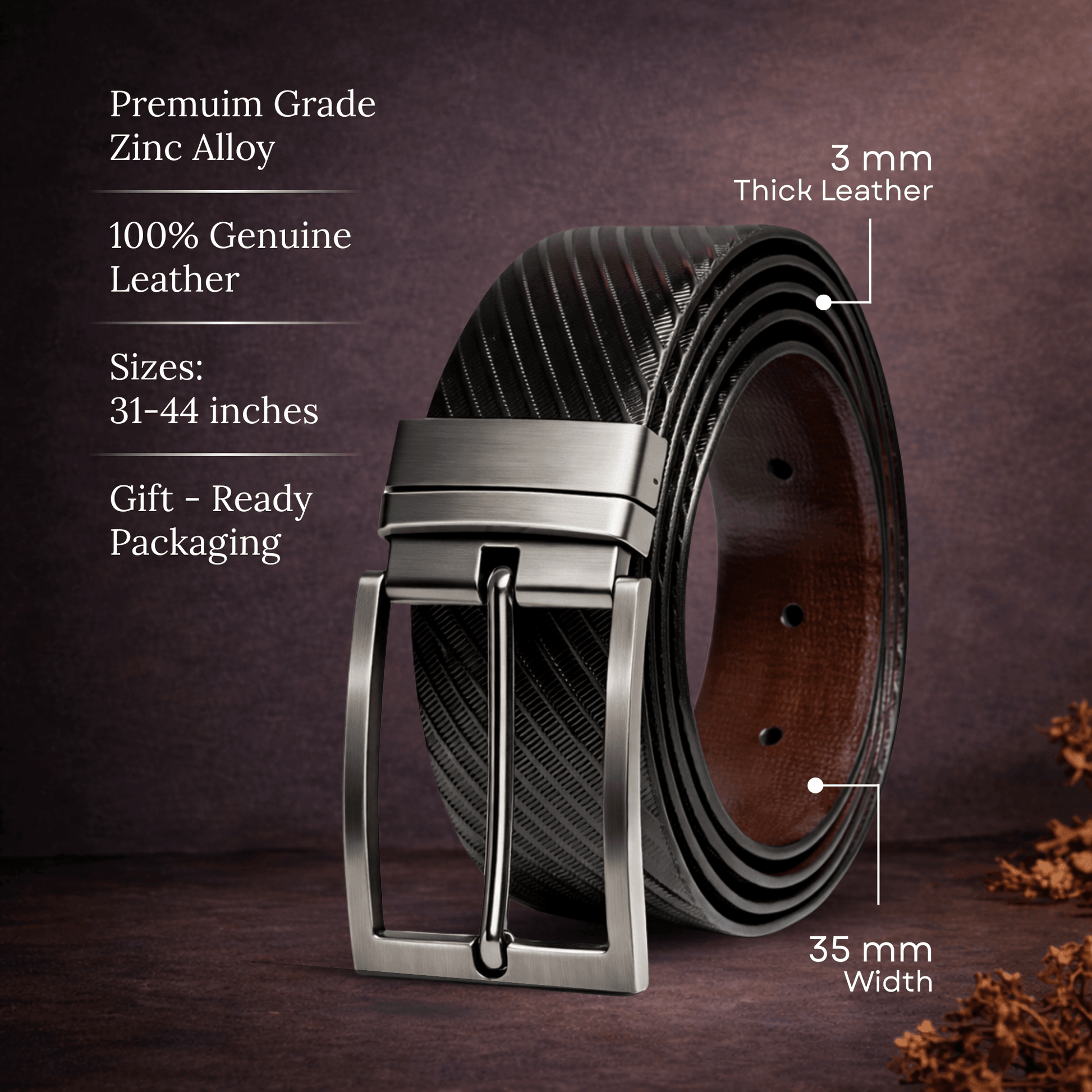 Mens 100% Genuine Leather Belt - ZORANO Diagonal Pinstripe (Black & Brown Reversible) — Leather Belts for Men | THE MEN THING