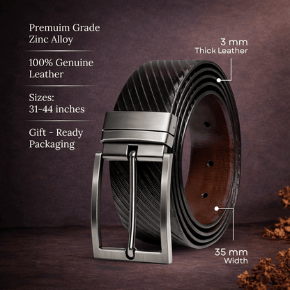 Mens 100% Genuine Leather Belt - ZORANO Diagonal Pinstripe (Black & Brown Reversible) — Leather Belts for Men | THE MEN THING