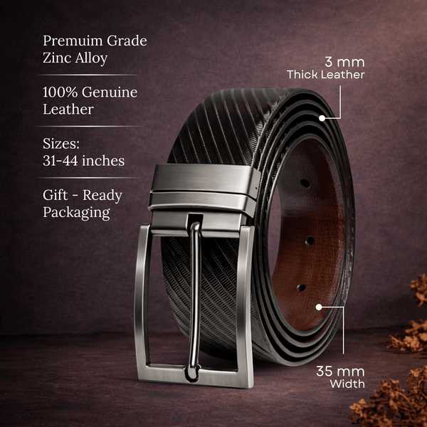 Mens 100% Genuine Leather Belt - ZORANO Diagonal Pinstripe (Black & Brown Reversible)
