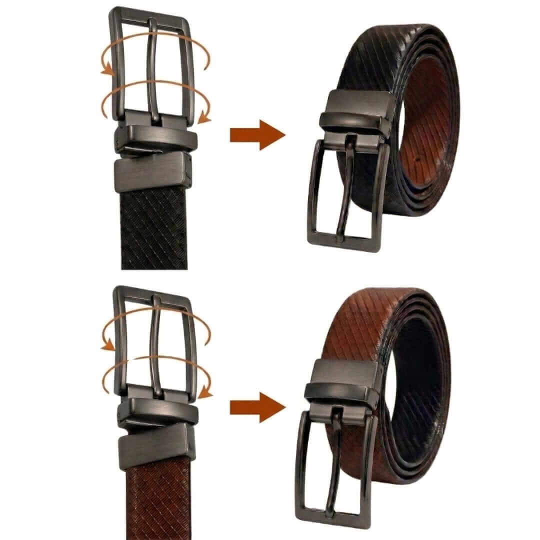 Mens 100% Genuine Leather Belt - ZORANO Diagonal Pinstripe (Black & Brown Reversible) — Leather Belts for Men | THE MEN THING