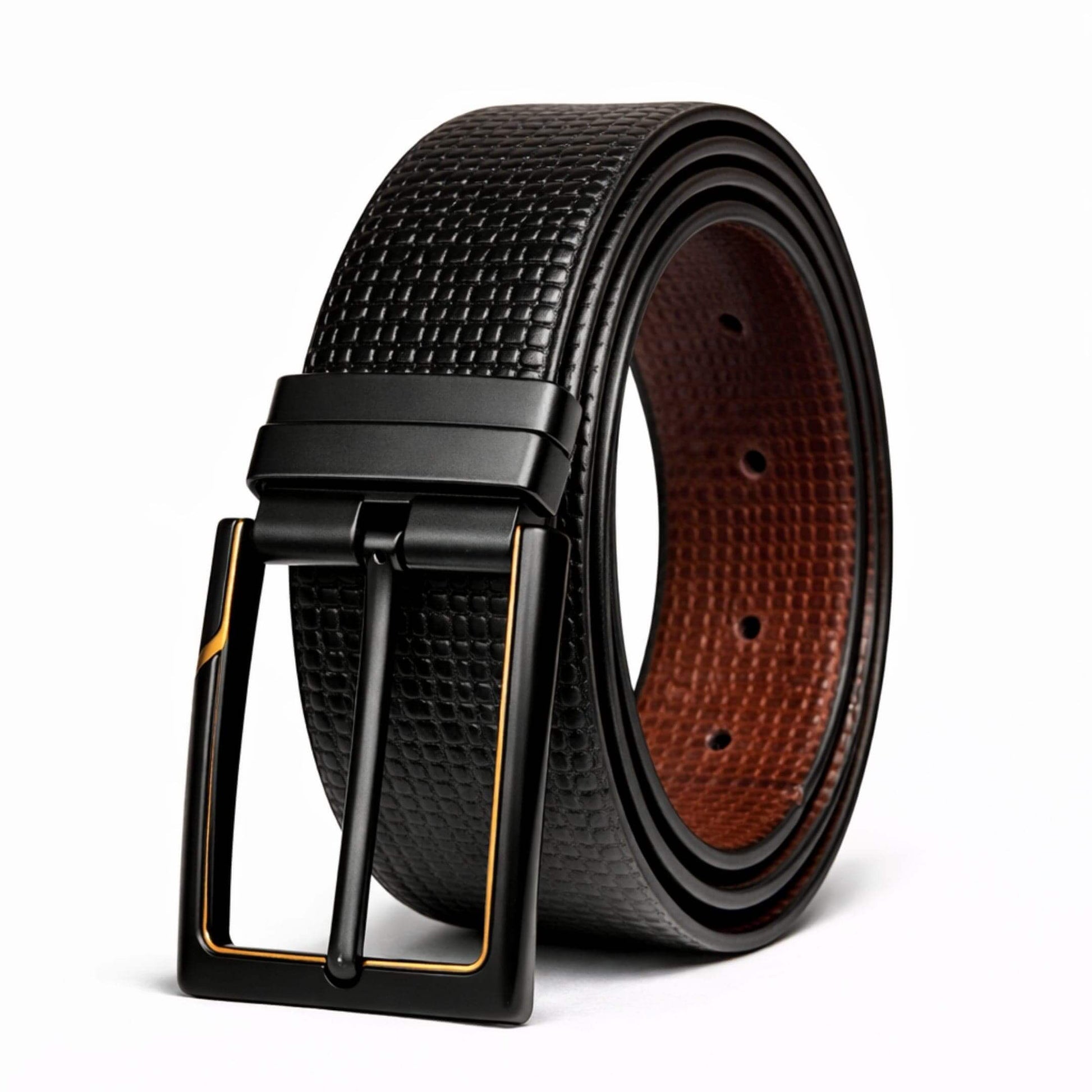 Mens 100% Genuine Leather Belt - ZYNARO Grid Weave Emboss (Black & Brown Reversible) — Leather Belts for Men | THE MEN THING