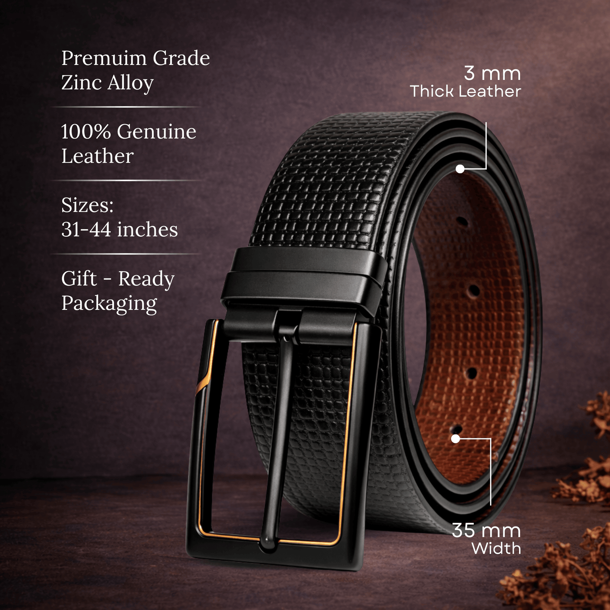 Mens 100% Genuine Leather Belt - ZYNARO Grid Weave Emboss (Black & Brown Reversible) — Leather Belts for Men | THE MEN THING