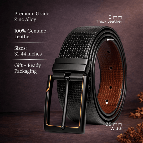 Mens 100% Genuine Leather Belt - ZYNARO Grid Weave Emboss (Black & Brown Reversible)