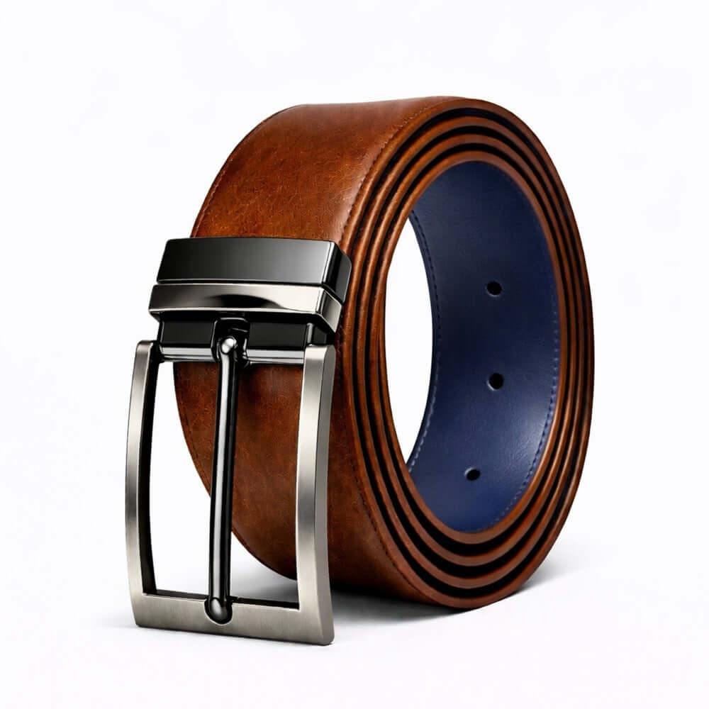 Mens 100% Genuine Leather Belt - AURION Smooth Navy Finish (Brown & BLUE Reversible) — Leather Belts for Men | THE MEN THING