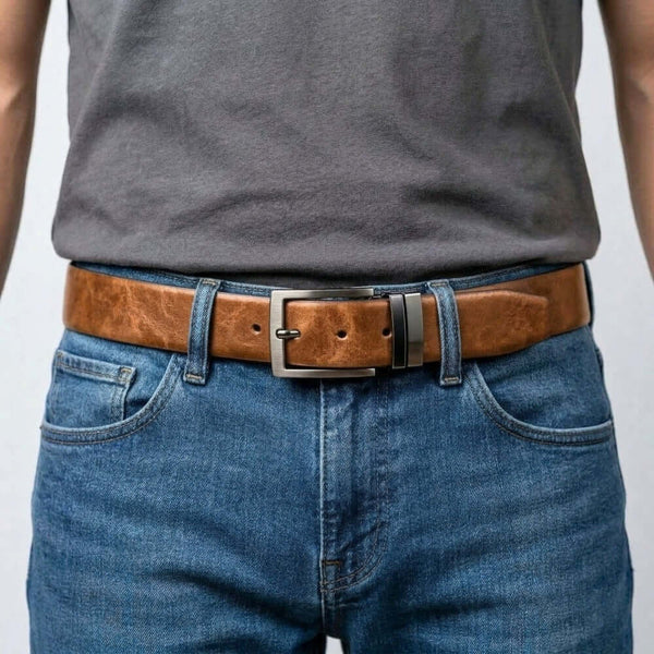 Mens 100% Genuine Leather Belt - AURION Smooth Navy Finish (Brown & BLUE Reversible)