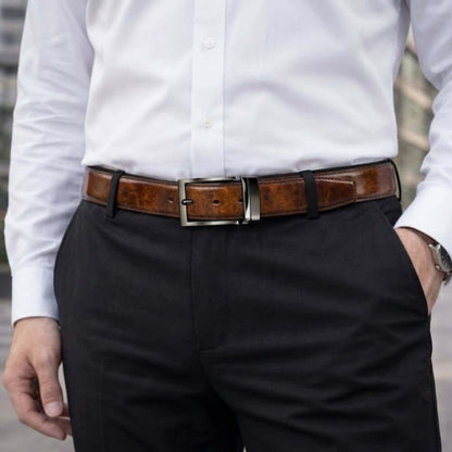 Mens 100% Genuine Leather Belt - AURION Smooth Navy Finish (Brown & BLUE Reversible) — Leather Belts for Men | THE MEN THING