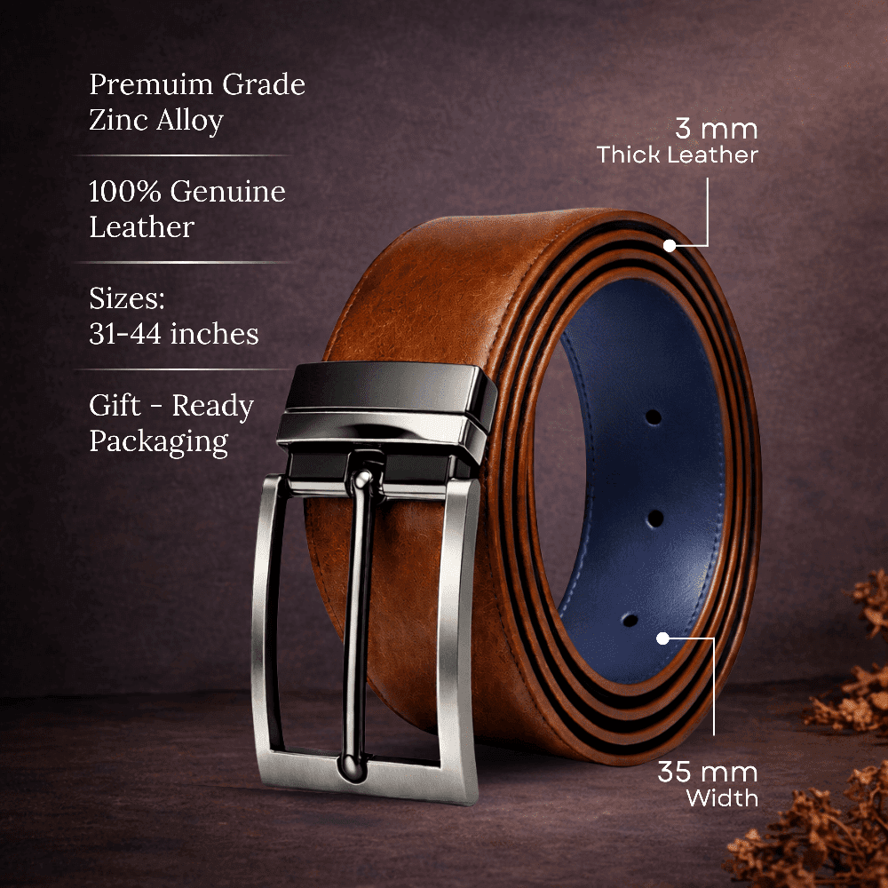 Mens 100% Genuine Leather Belt - AURION Smooth Navy Finish (Brown & BLUE Reversible) — Leather Belts for Men | THE MEN THING
