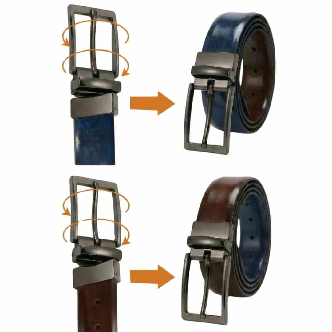 Mens 100% Genuine Leather Belt - AURION Smooth Navy Finish (Brown & BLUE Reversible) — Leather Belts for Men | THE MEN THING