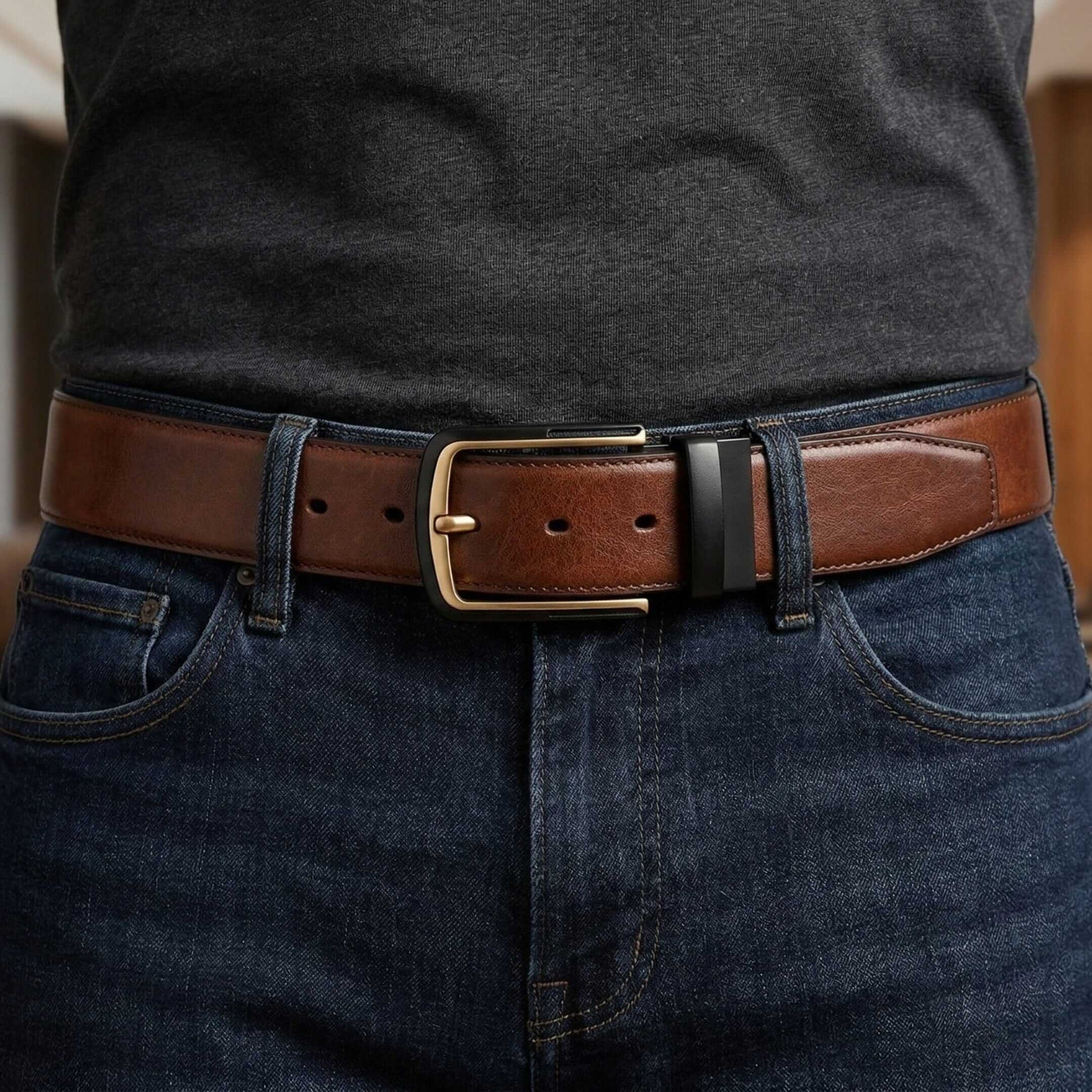 Mens 100% Genuine Leather Belt - AURONOX Smooth Navy Gold (Brown & BLUE Reversible) — Leather Belts for Men | THE MEN THING