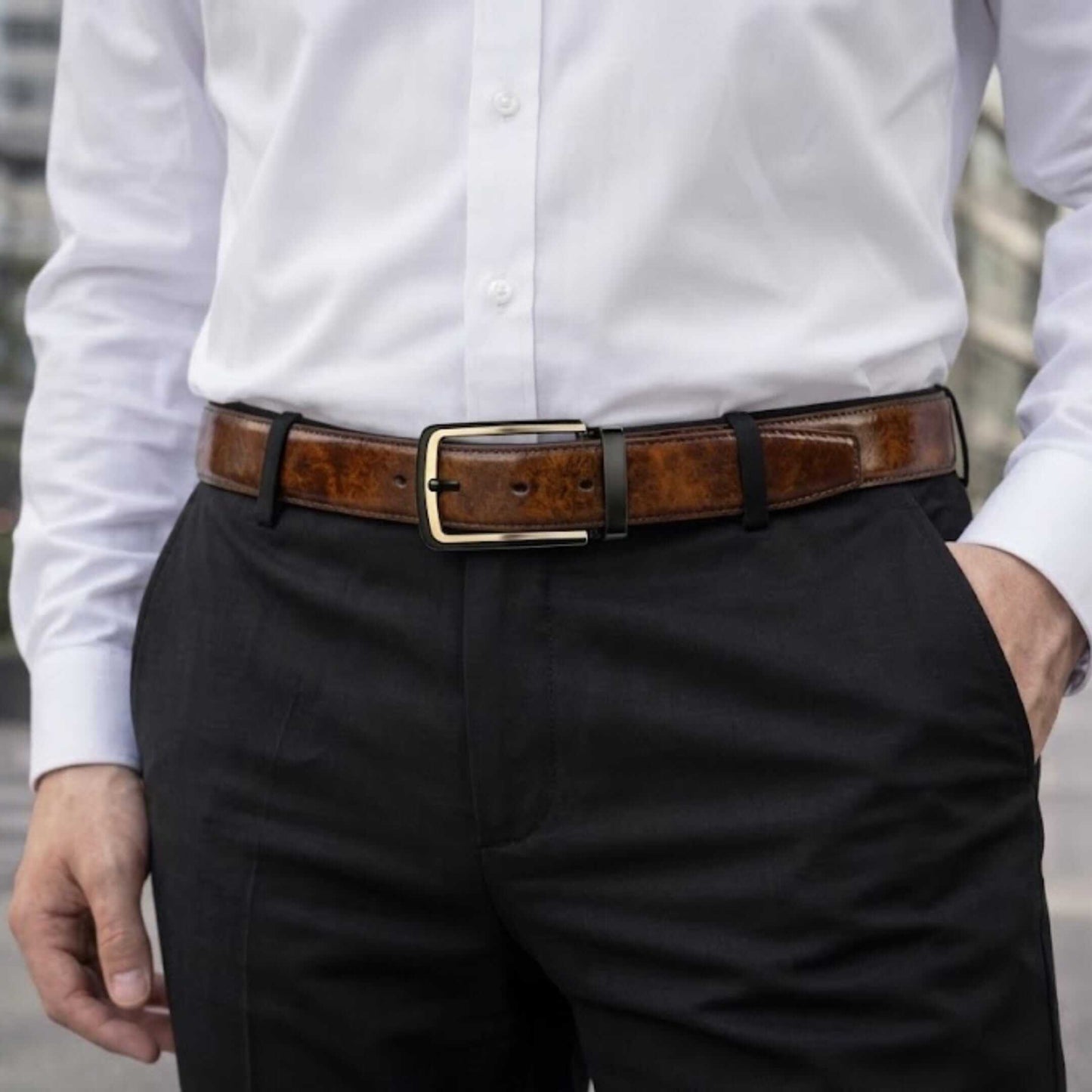 Mens 100% Genuine Leather Belt - AURONOX Smooth Navy Gold (Brown & BLUE Reversible) — Leather Belts for Men | THE MEN THING