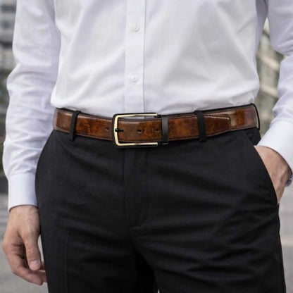 Mens 100% Genuine Leather Belt - AURONOX Smooth Navy Gold (Brown & BLUE Reversible) — Leather Belts for Men | THE MEN THING