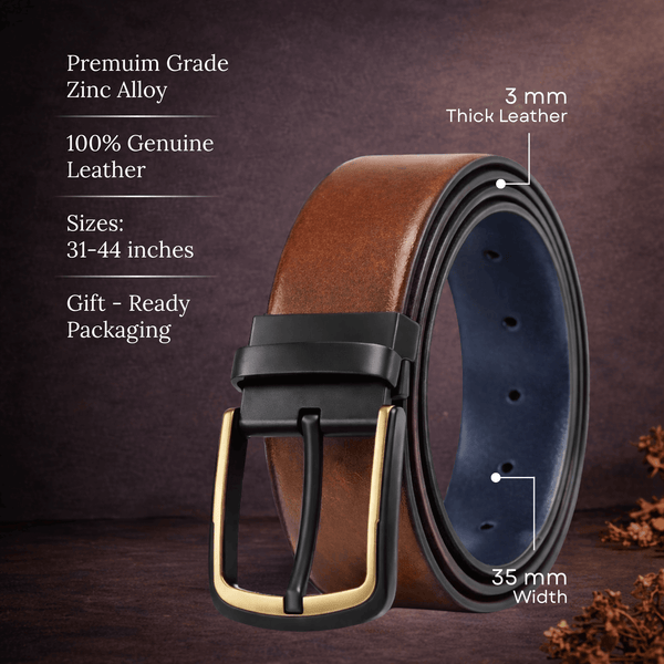 Mens 100% Genuine Leather Belt - AURONOX Smooth Navy Gold (Brown & BLUE Reversible)