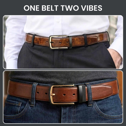 Mens 100% Genuine Leather Belt - AURONOX Smooth Navy Gold (Brown & BLUE Reversible) — Leather Belts for Men | THE MEN THING