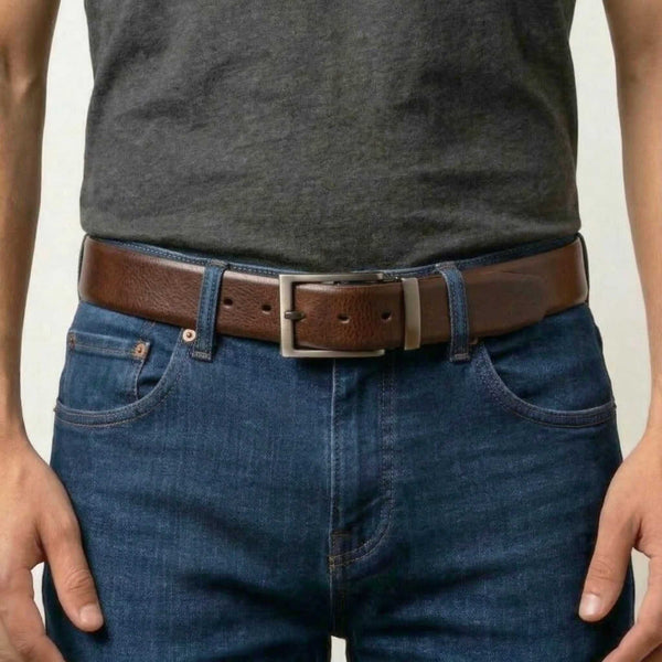 Mens 100% Genuine Leather Belt - BRAVEX Smooth Navy Finish (Brown & BLUE Reversible)