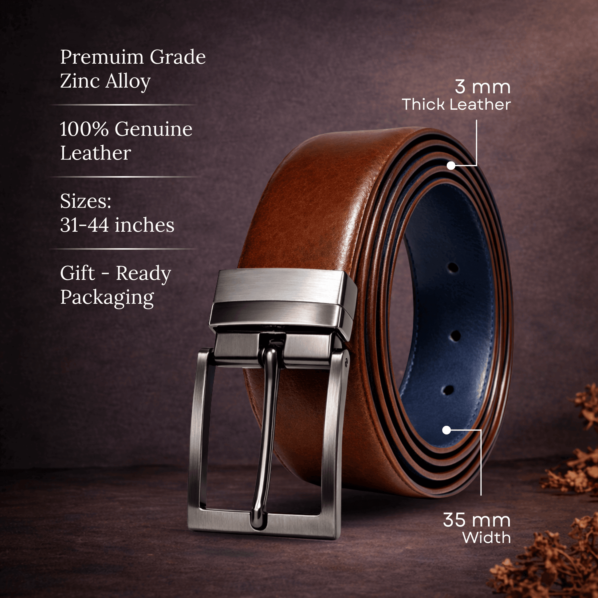 Mens Genuine Leather Belt | 2 in 1 Reversible (Brown & BLUE) (1 Pc.) - BRAVEX - THE MEN THING