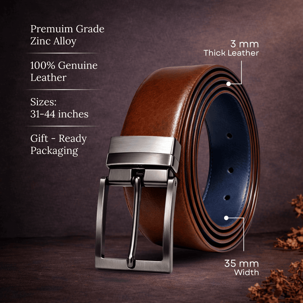 Mens 100% Genuine Leather Belt - BRAVEX Smooth Navy Finish (Brown & BLUE Reversible)