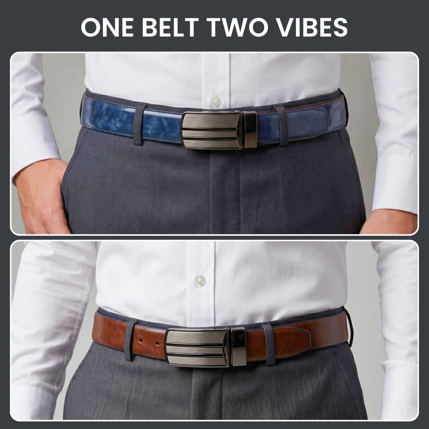 Mens 100% Genuine Leather Belt - DUALOCEAN Smooth Navy Plate (Brown & BLUE Reversible) — Leather Belts for Men | THE MEN THING