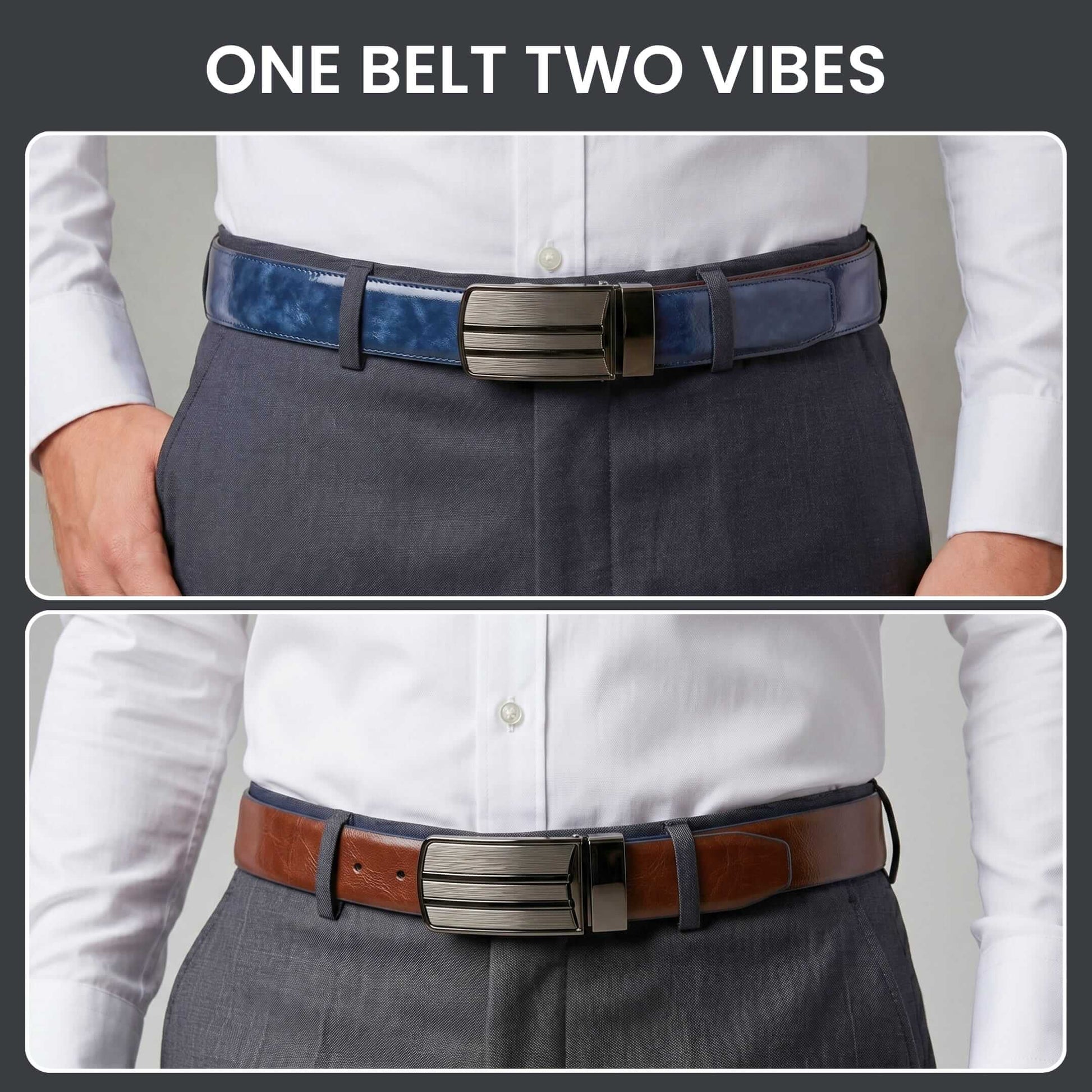 Mens 100% Genuine Leather Belt - DUALOCEAN Smooth Navy Plate (Brown & BLUE Reversible) — Leather Belts for Men | THE MEN THING