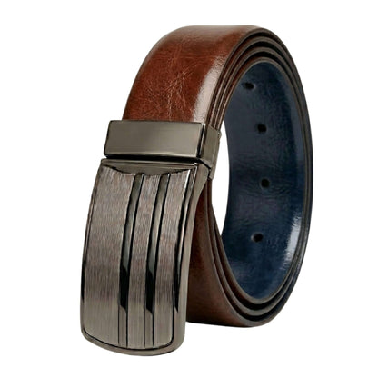 Mens 100% Genuine Leather Belt - DUALOCEAN Smooth Navy Plate (Brown & BLUE Reversible) — Leather Belts for Men | THE MEN THING