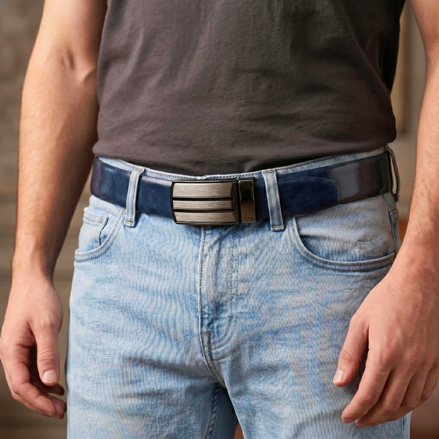 Mens 100% Genuine Leather Belt - DUALOCEAN Smooth Navy Plate (Brown & BLUE Reversible) — Leather Belts for Men | THE MEN THING