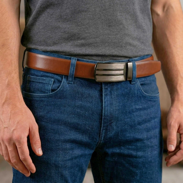 Mens 100% Genuine Leather Belt - DUALOCEAN Smooth Navy Plate (Brown & BLUE Reversible)