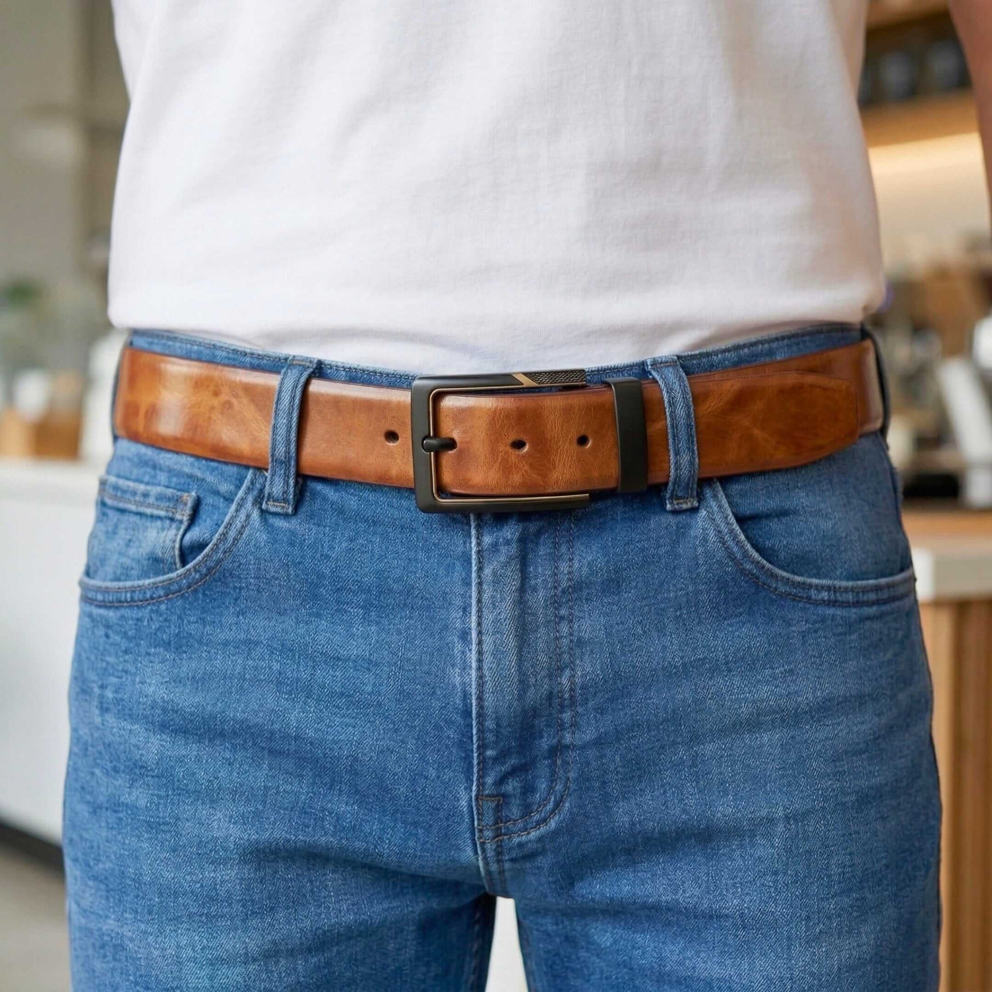 Mens 100% Genuine Leather Belt - NAVARO Smooth Navy Finish (Brown & BLUE Reversible) — Leather Belts for Men | THE MEN THING
