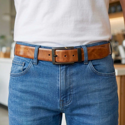 Mens 100% Genuine Leather Belt - NAVARO Smooth Navy Finish (Brown & BLUE Reversible) — Leather Belts for Men | THE MEN THING