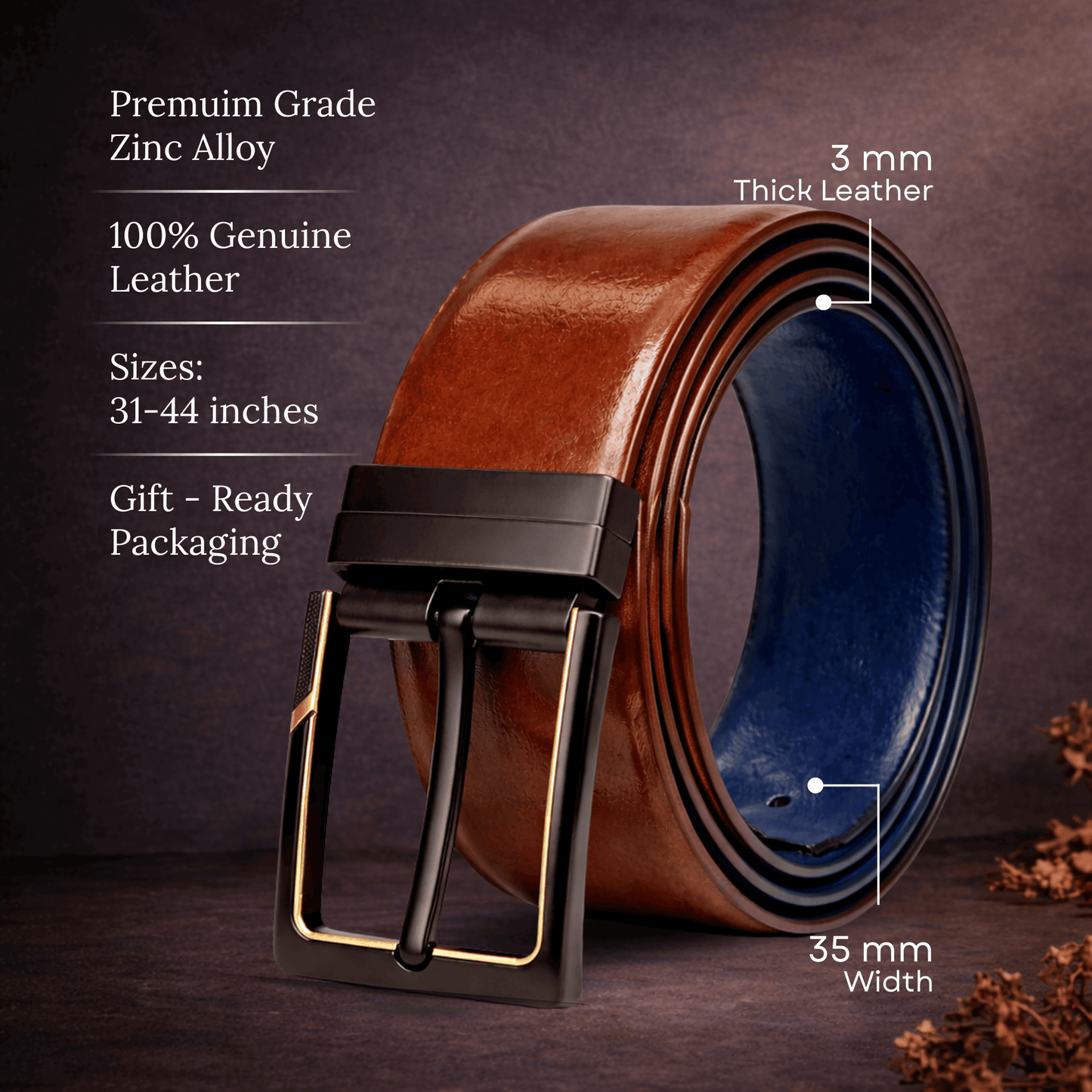 Mens 100% Genuine Leather Belt - NAVARO Smooth Navy Finish (Brown & BLUE Reversible) — Leather Belts for Men | THE MEN THING
