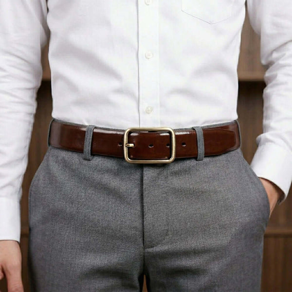 Mens 100% Genuine Leather Belt - NAVERO Glossy Navy Finish (Brown & BLUE Reversible)