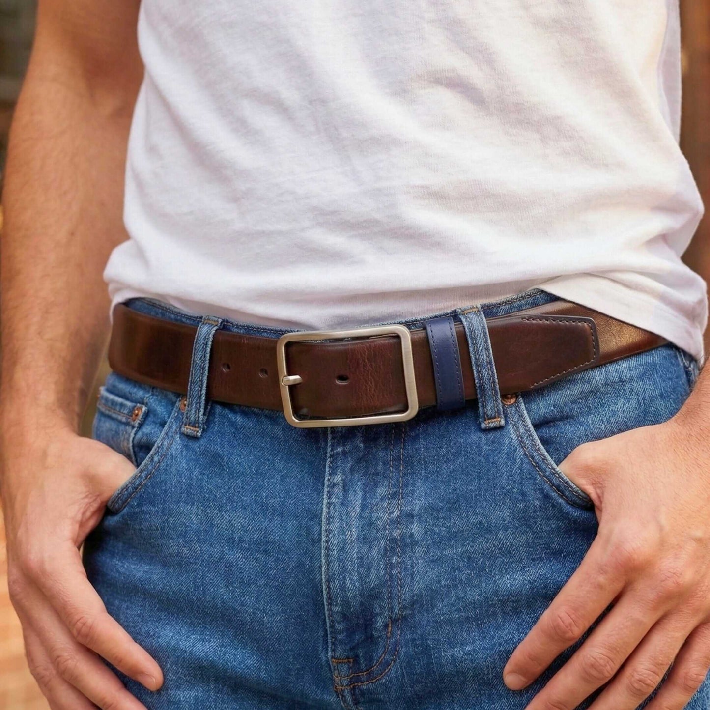 Mens Genuine Leather Belt | 2 in 1 Reversible (Brown & BLUE) (1 Pc.) - NAVYTAN - THE MEN THING