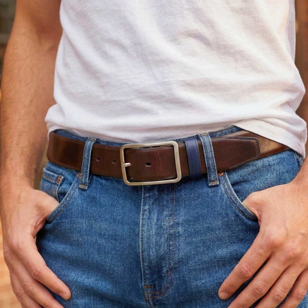 Mens 100% Genuine Leather Belt - NAVYTAN Glossy Navy Finish (Brown & BLUE Reversible)