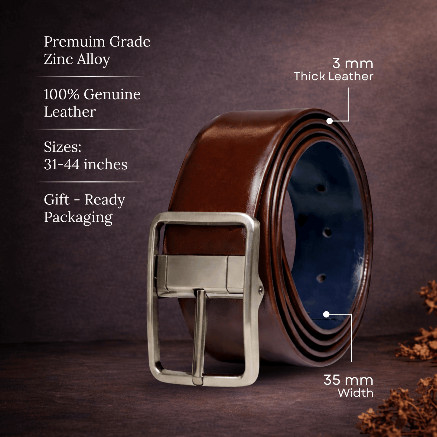 Mens Genuine Leather Belt | 2 in 1 Reversible (Brown & BLUE) (1 Pc.) - NAVYTAN - THE MEN THING