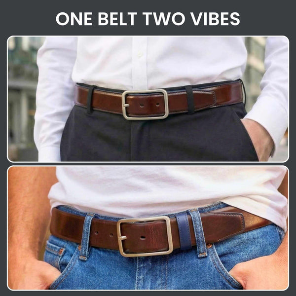 Mens 100% Genuine Leather Belt - NAVYTAN Glossy Navy Finish (Brown & BLUE Reversible)