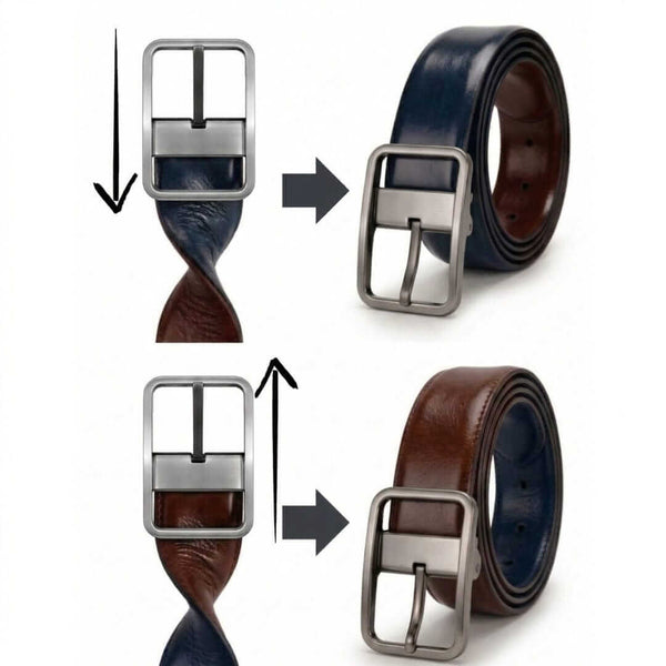 Mens 100% Genuine Leather Belt - NAVYTAN Glossy Navy Finish (Brown & BLUE Reversible)