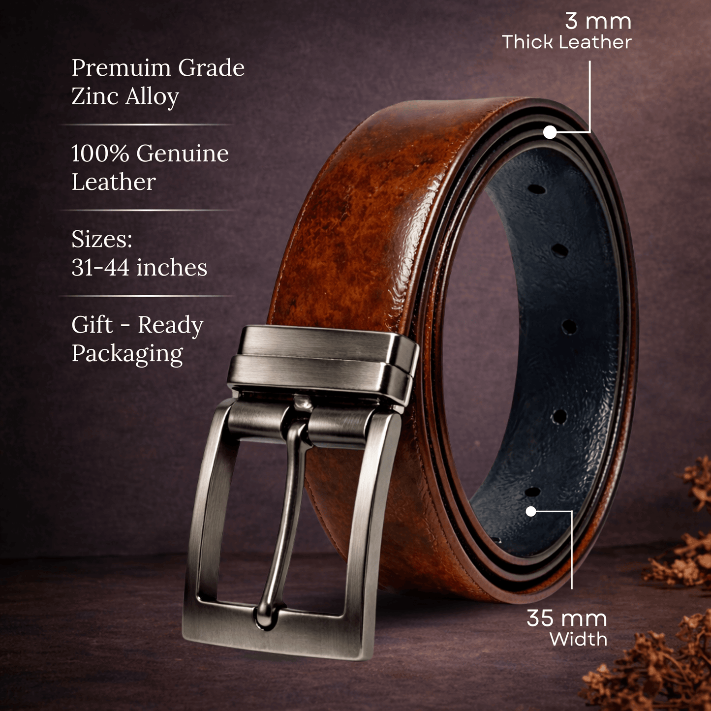 Mens 100% Genuine Leather Belt - NEXORO Glossy Navy Finish (Brown & BLUE Reversible) — Leather Belts for Men | THE MEN THING