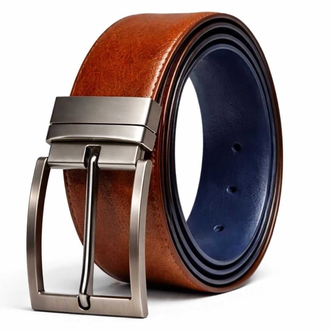 Mens 100% Genuine Leather Belt - NOVEXO Smooth Navy Finish (Brown & BLUE Reversible) — Leather Belts for Men | THE MEN THING