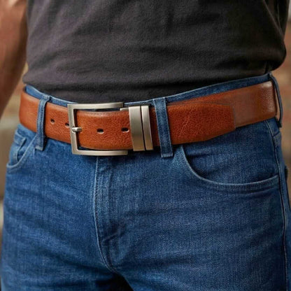 Mens 100% Genuine Leather Belt - NOVEXO Smooth Navy Finish (Brown & BLUE Reversible) — Leather Belts for Men | THE MEN THING