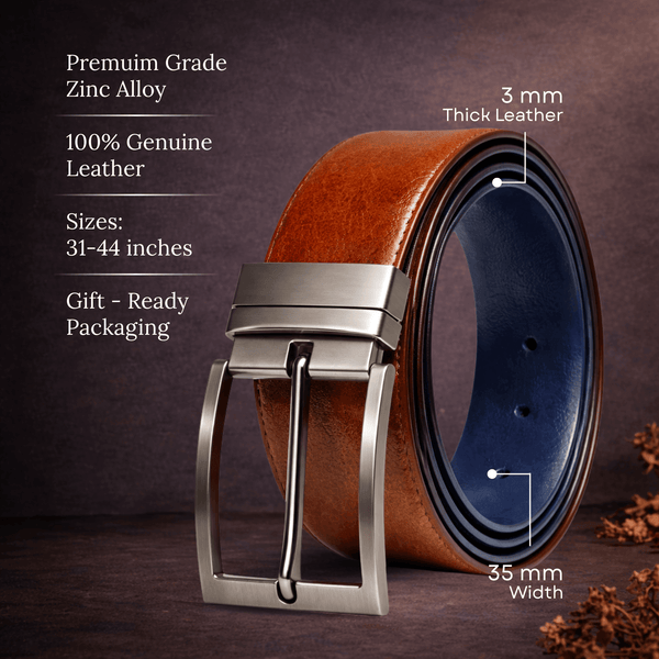 Mens 100% Genuine Leather Belt - NOVEXO Smooth Navy Finish (Brown & BLUE Reversible)