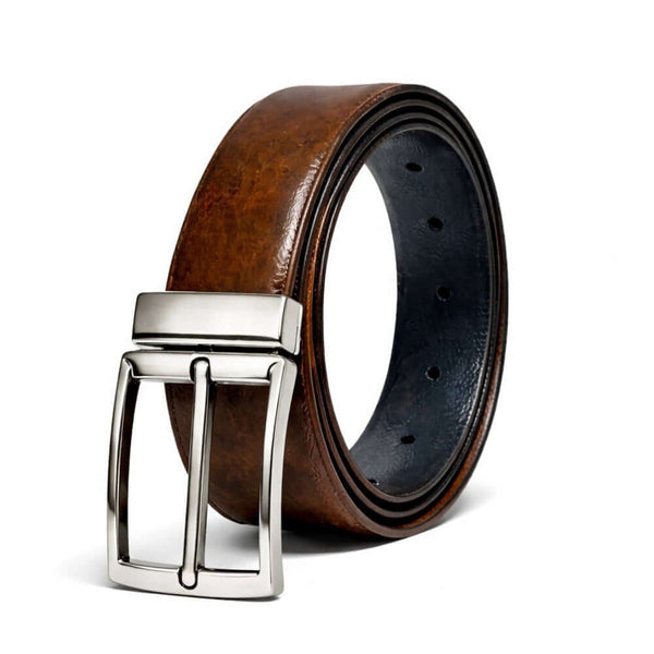 Mens 100% Genuine Leather Belt - REVANO Smooth Navy Classic (Brown & BLUE Reversible)