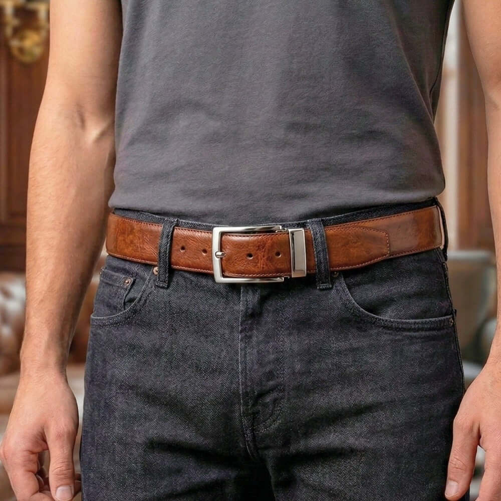 Mens 100% Genuine Leather Belt - REVANO Smooth Navy Classic (Brown & BLUE Reversible) — Leather Belts for Men | THE MEN THING