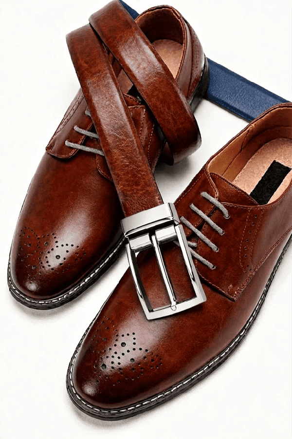 Mens 100% Genuine Leather Belt - REVANO Smooth Navy Classic (Brown & BLUE Reversible)