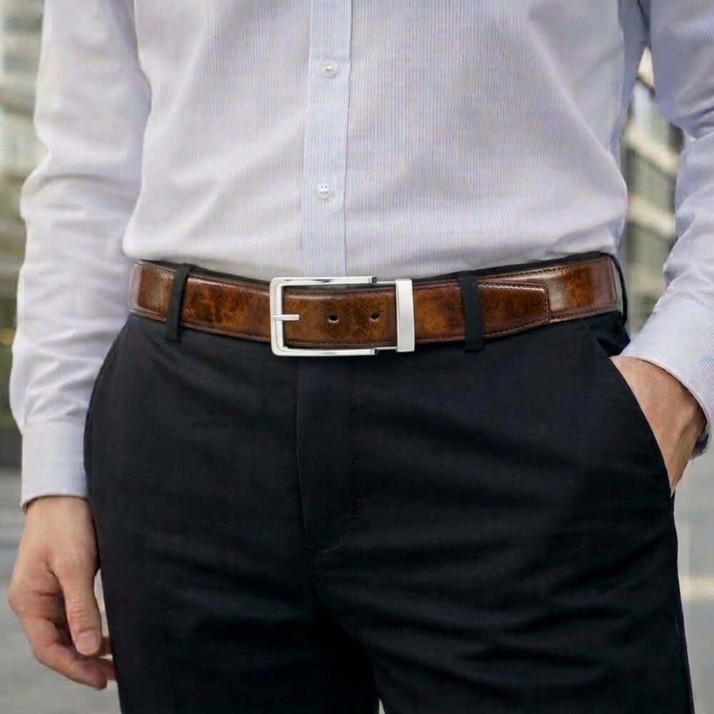 Mens 100% Genuine Leather Belt - REVANO Smooth Navy Classic (Brown & BLUE Reversible) — Leather Belts for Men | THE MEN THING