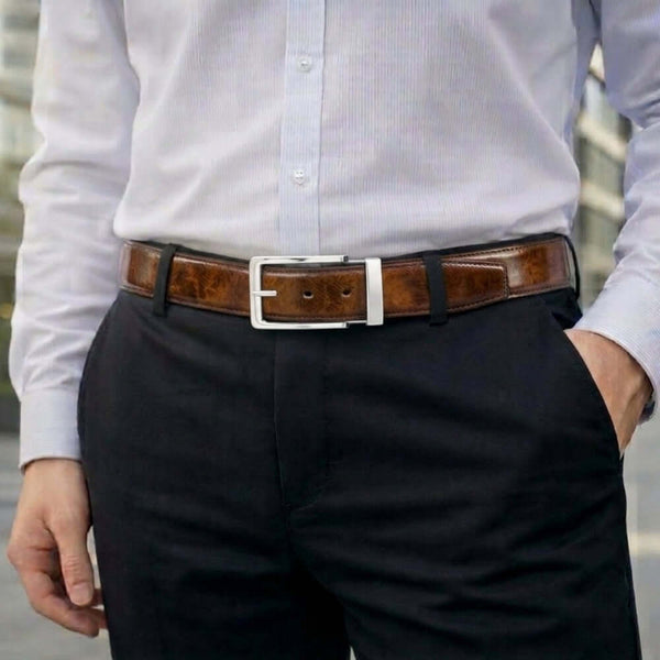 Mens 100% Genuine Leather Belt - REVANO Smooth Navy Classic (Brown & BLUE Reversible)