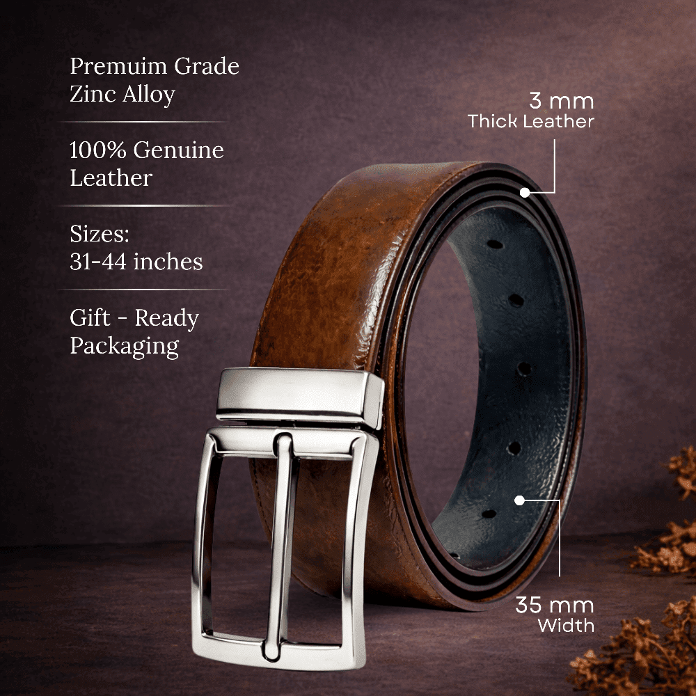 Mens 100% Genuine Leather Belt - REVANO Smooth Navy Classic (Brown & BLUE Reversible) — Leather Belts for Men | THE MEN THING