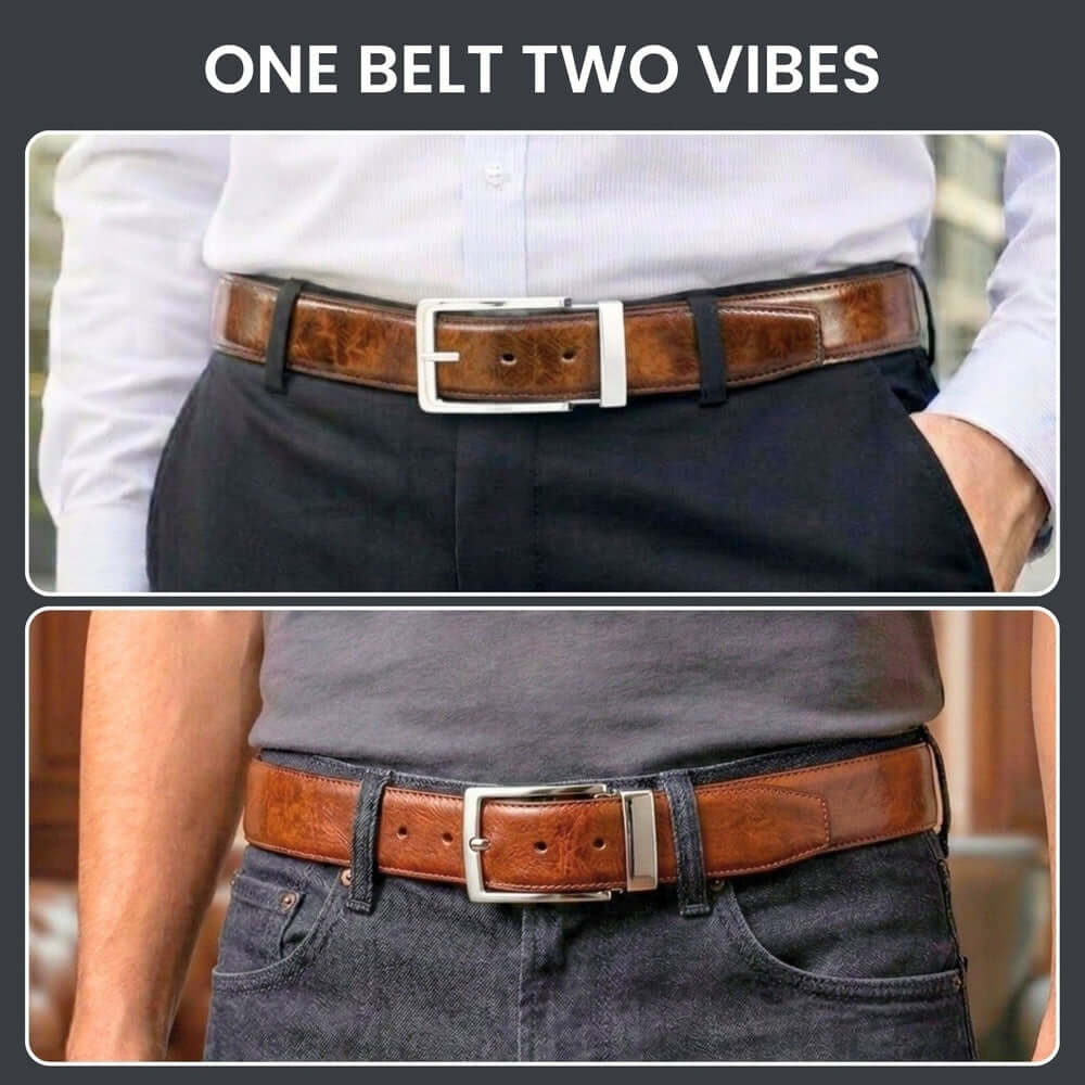 Mens 100% Genuine Leather Belt - REVANO Smooth Navy Classic (Brown & BLUE Reversible) — Leather Belts for Men | THE MEN THING