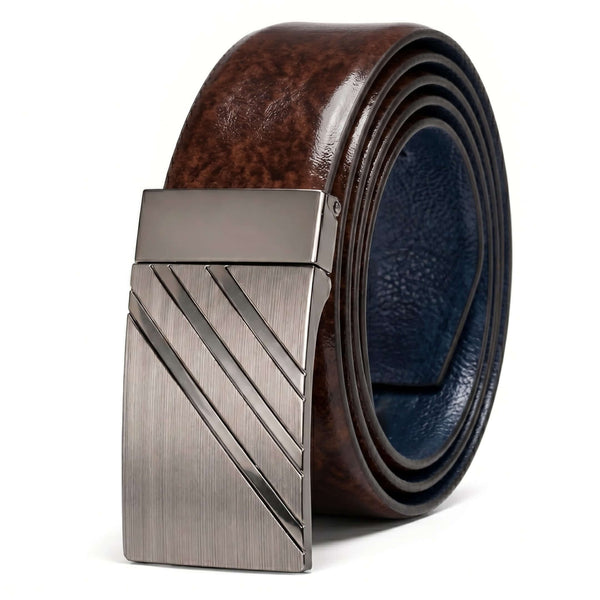 Mens 100% Genuine Leather Belt - STRYVA Smooth Navy Plate (Brown & BLUE Reversible)