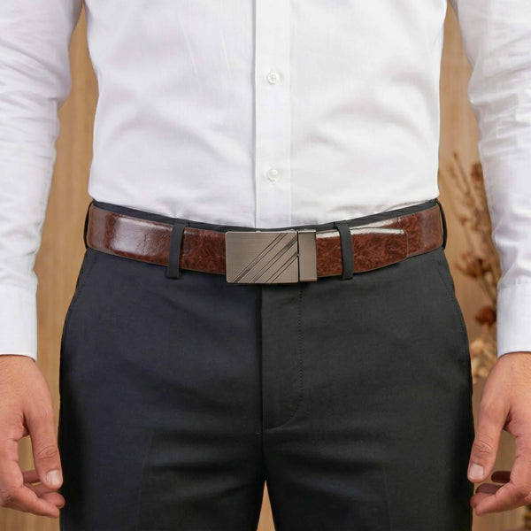 Mens 100% Genuine Leather Belt - STRYVA Smooth Navy Plate (Brown & BLUE Reversible)